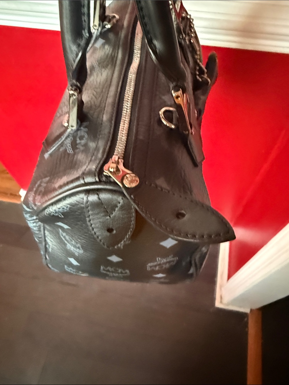 MCM Black Monogram Leather Satchel with Bone Charm - Picture 8 of 12